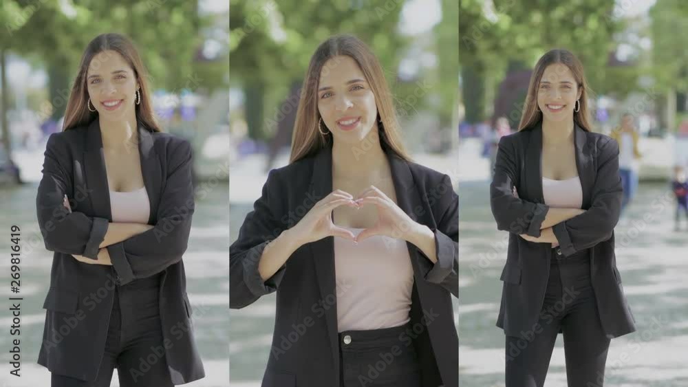 Collage of pretty Caucasian blonde girl in black jacket standing outside with crossed hands, looking at camera, smiling, showing love sign. Lifestyle concept Collage of pretty Caucasian blonde girl in black jacket standing outside with crossed hands, looking at camera, smiling, showing love sign. Lifestyle concept