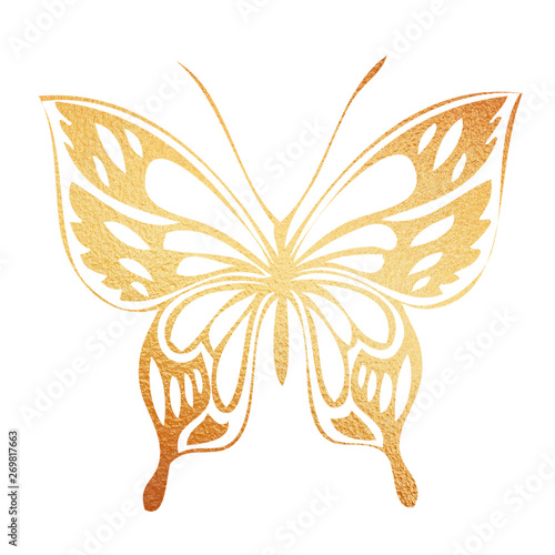 Golden butterfly hand-drawn illustration on a white background