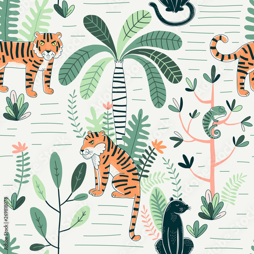 Wildlife color vector seamless pattern. Panther and tiger background. Rainforest, jungle fauna, flora. Tropical plants, palms, flowers. Decorative animal textile, wallpaper, wrapping paper design