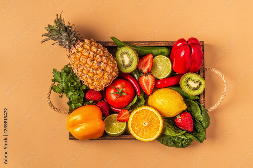 Fruits and vegetables rich in vitamin C in box. Fruits and vegetables rich in vitamin C in box.