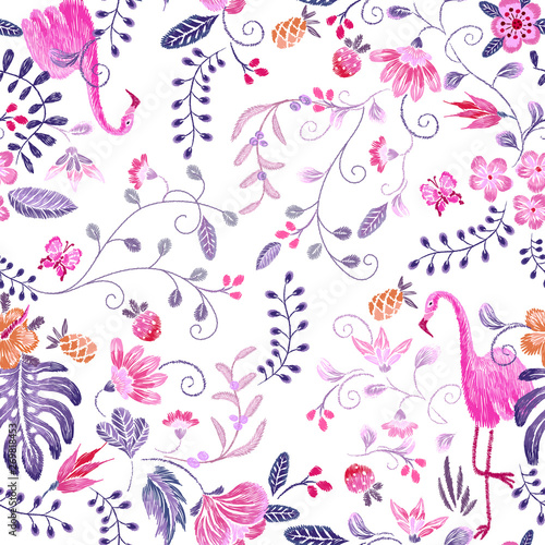 Embroidery seamless floral neckline pattern with flamingo and exotic flowers