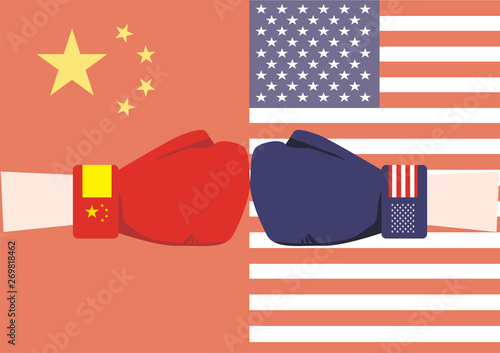 trade war concept between america and china present by boxing mitt fighting on flag background. Vector illustration