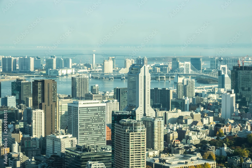 Aerial View Of Tokyo City Buildings Against Cloudy Sky