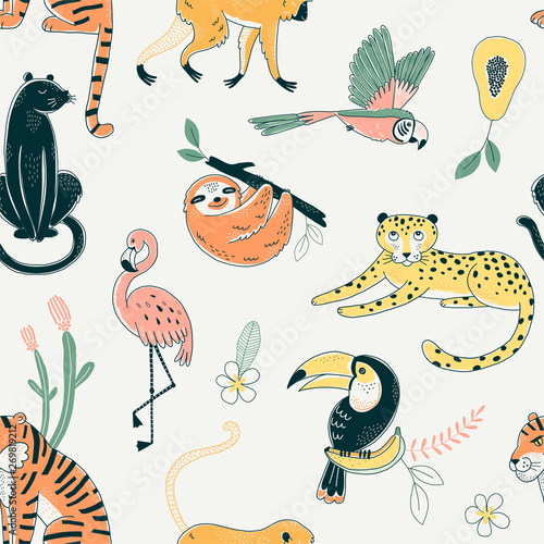 Jungle animals color vector seamless pattern. Flamingo, parrot, tiger background. Flora and fauna. Wild nature. Birds and predators. Decorative animal  textile, wallpaper, wrapping paper design