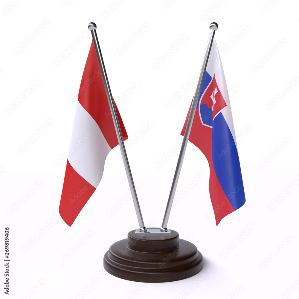 Peru and Slovakia, two table flags isolated on white background. 3d image