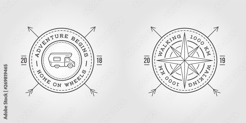 Naklejka premium Set of Camper Car Logo Design Template and Wind Rose Star. Home on Wheels. Adventure Family Expedition. Vector.
