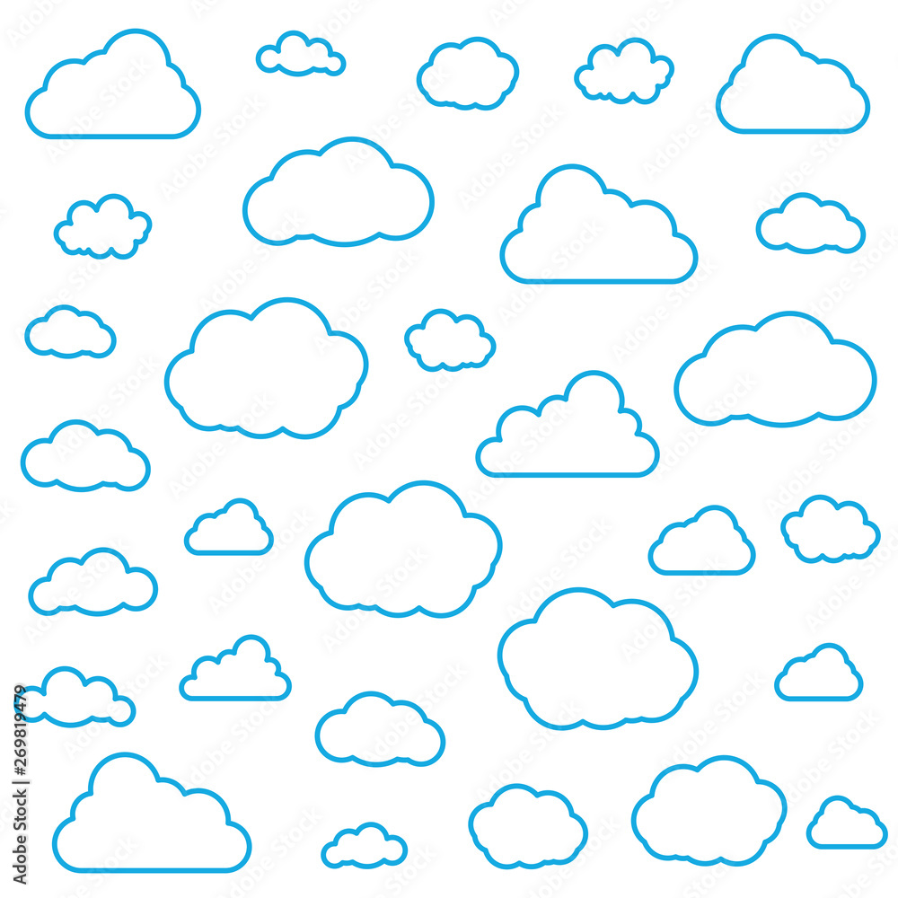 Set of Clouds Isolated on Sky Background. Seamless Pattern. Collection of clouds for Web, Poster, Placard, Wallpaper. Creative Modern Concept. Vector illustration. Set of Clouds Isolated on Sky Background. Seamless Pattern. Collection of clouds for Web, Poster, Placard, Wallpaper. Creative Modern Concept. Vector illustration.