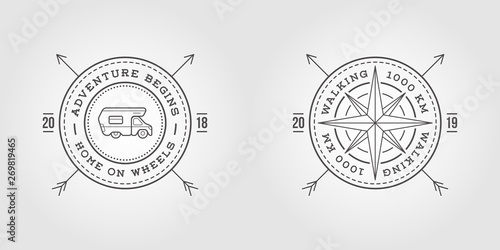 Set of Camper Car Logo Design Template and Wind Rose Star. Home on Wheels. Adventure Family Expedition. Vector.