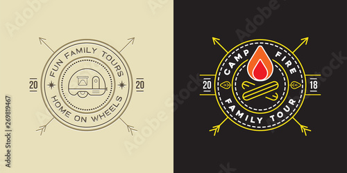 Set of Camp logo with Campfire and Trailer. Vector illustration. Camping. Scout Symbol.
