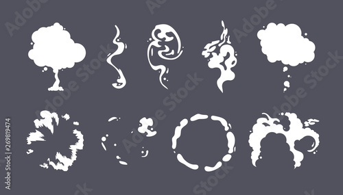 Special Effects Template Vector Smoke Set. Cartoon steam clouds, puff, mist, fog, watery vapour or dust explosion 2D VFX illustration.
