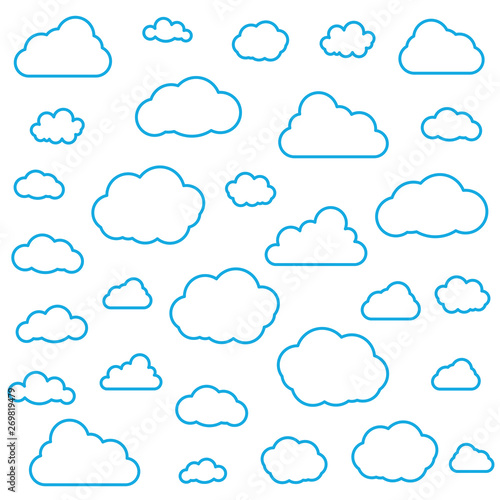 Set of Clouds Isolated on Sky Background. Seamless Pattern. Collection of clouds for Web, Poster, Placard, Wallpaper. Creative Modern Concept. Vector illustration.