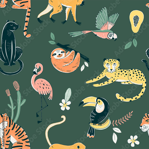Jungle animals color vector seamless pattern. Flamingo, parrot, tiger background. Flora and fauna. Wild nature. Birds and predators. Decorative animal textile, wallpaper, wrapping paper design