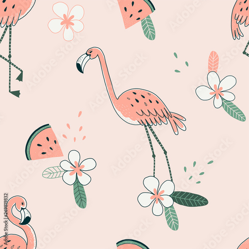 Flamingo and watermelon color vector seamless pattern. Jungle flowers background. Flora and fauna. Exotic pink bird. Tropical animal background. Decorative bird textile, wrapping paper design
