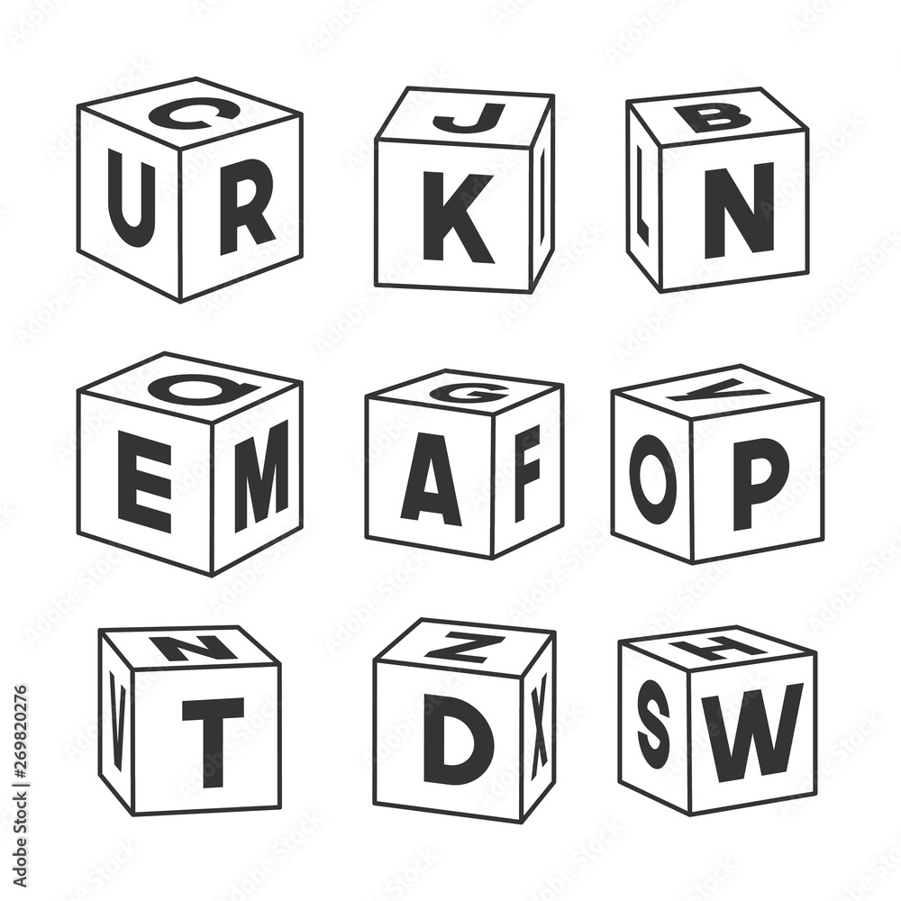 Set of outline toy bricks with letters, vector illustration for coloring book. Single vector cubes isolated on white background. Set of outline toy bricks with letters, vector illustration for coloring book. Single vector cubes isolated on white background.