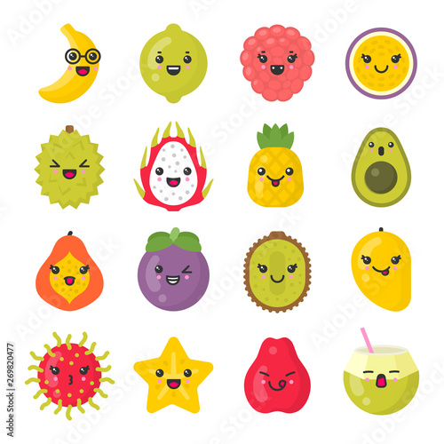 Cute smiling exotic fruits. Kawaii tropical fruit characters. Isolated colorful vector icon set
