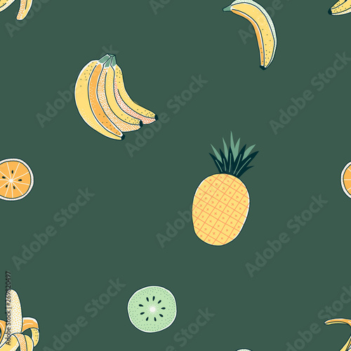 Exotic fruits color vector seamless pattern. Tropical food. Pineapple, banana, kiwi. Ripe juicy fruits. Healthy lifestyle. Decorative kitchen textile, wallpaper, wrapping paper design