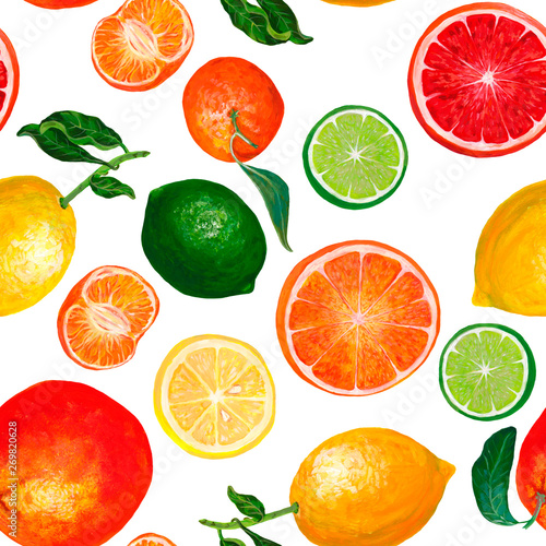 Citrus fruit organic food seamless pattern. Hand drawn seamless pattern with bright fresh fruits on white background. Oranges, tangerines, lemons and limes. Textured acrylic drawing. Assorted citrus.