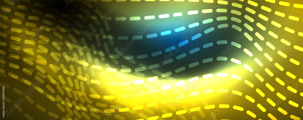 Obraz premium Smooth wave lines on blue neon color light background. Glowing abstract wave on dark, shiny motion, magic space light