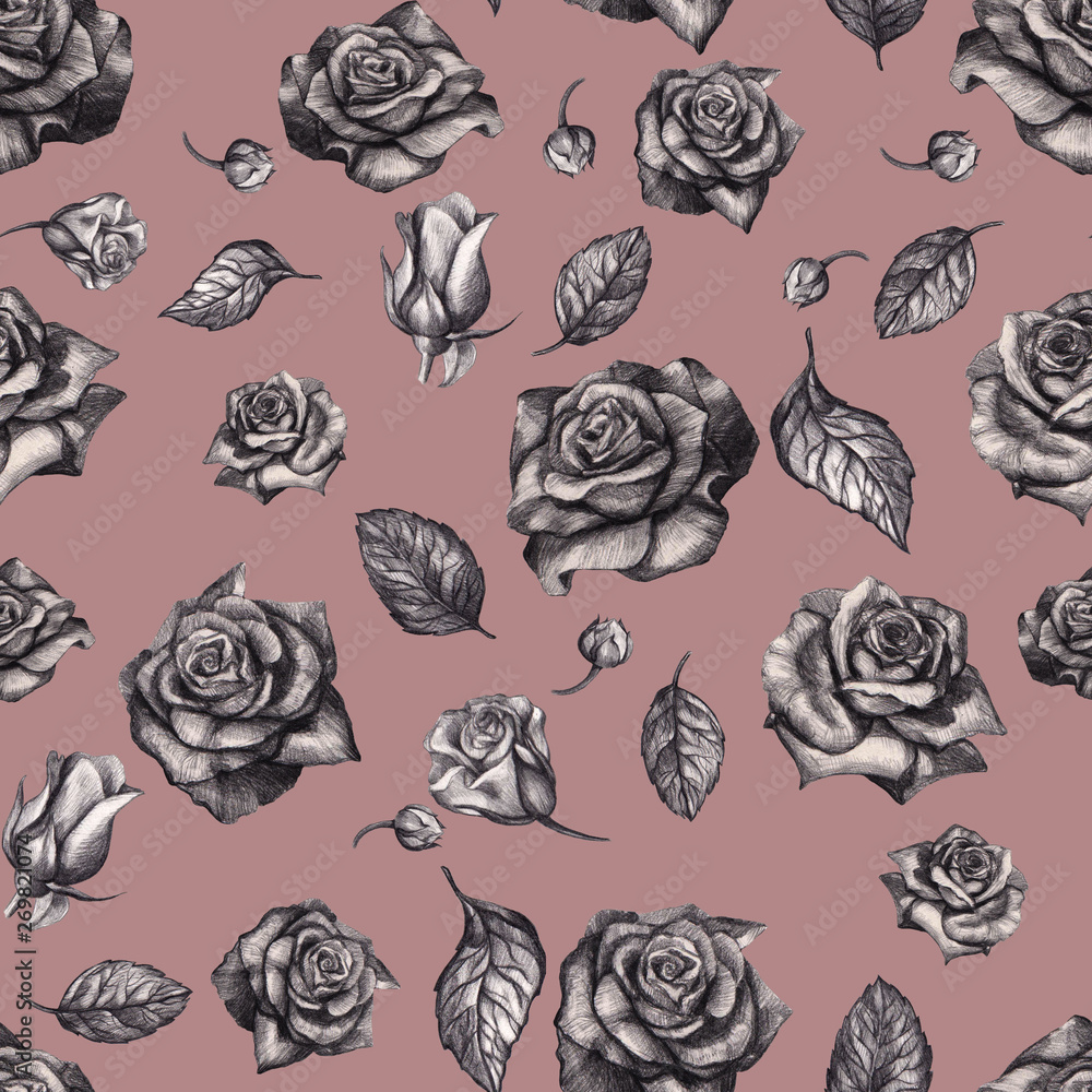 Seamless pattern on a pink background. Pencil sketches of roses. Background with leaves, buds and flowers of roses. Decorative elements for design. Floral texture. Sketch style. Seamless pattern on a pink background. Pencil sketches of roses. Background with leaves, buds and flowers of roses. Decorative elements for design. Floral texture. Sketch style.
