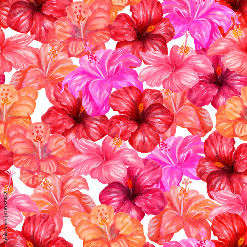 Watercolor tropical floral seamless pattern. Hawaiian hibiscus red  pink and peach colour flowers. Bright and beautiful flowers on a white background.