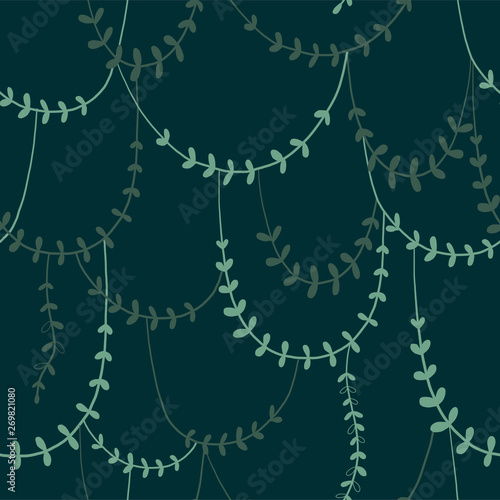 Twisted wild liana branches color vector seamless pattern. Jungle plants green background. Tropical rainforest. Tropic leaves. Decorative botanical textile, wallpaper, wrapping paper design