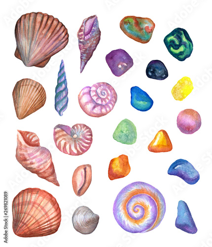 Watercolor set of isolated marine objects, shells, mollusks and colored stones. Delicate colored illustrations. 