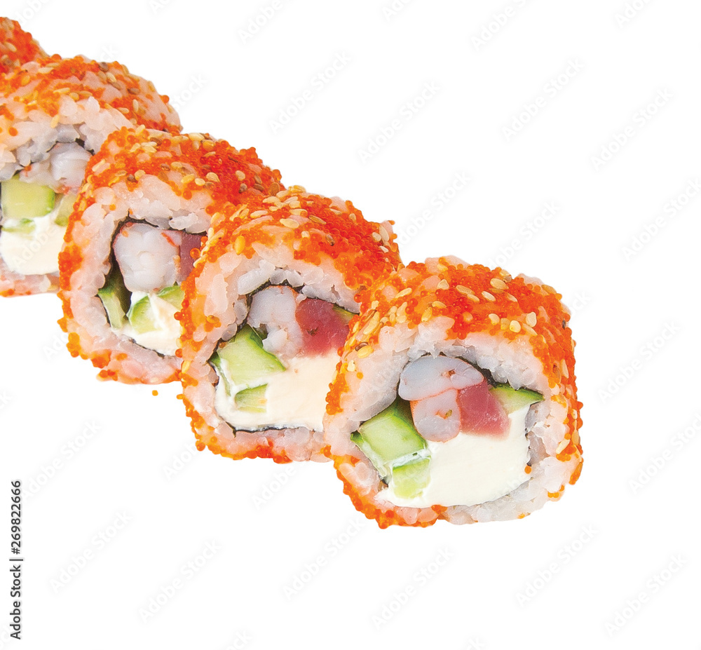 Japanese raw classic sushi rolls with rice fish cheese. isolated Japanese raw classic sushi rolls with rice fish cheese. isolated