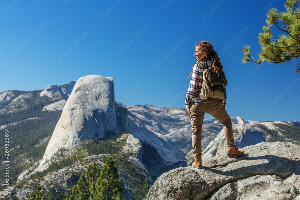Fototapeta premium Happy hiker visit Yosemite national park in California