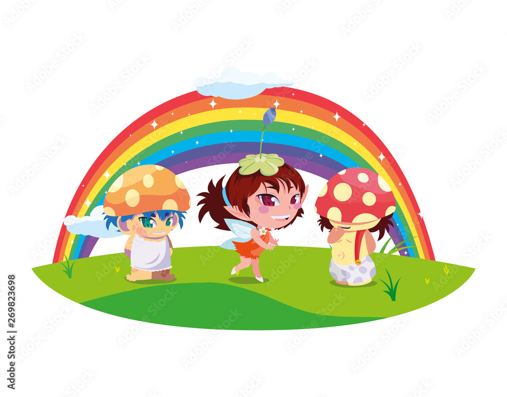 fungus elfs and fairy with rainbow