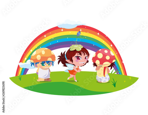 fungus elfs and fairy with rainbow