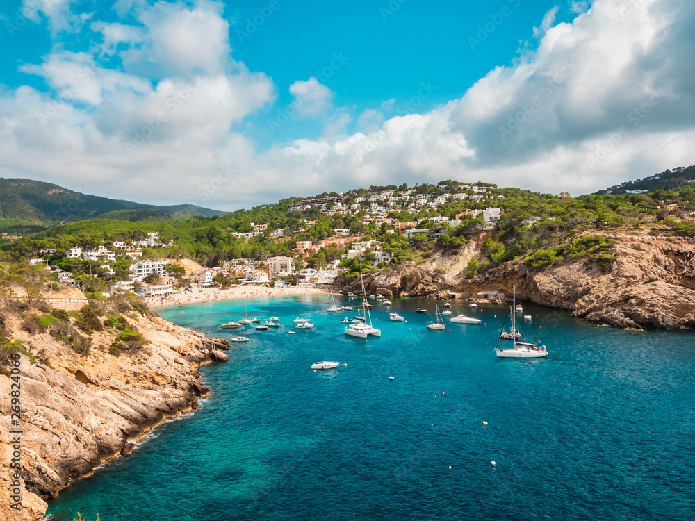 Aerial view of the cliffs and the beach of Cala Vadella, Ibiza, Spain