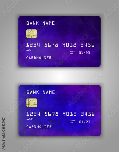 Realistic plastic Bank card vector template. Background color Blue, purple gradient