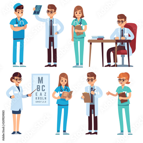Doctors team. Medical staff people doctor nurse surgeon pharmacist dentist professional medic hospital uniform, flat vector characters