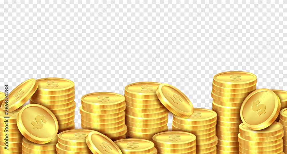 Gold coins stack. Realistic golden coin money pile, stacked dollar lots  pile cash bonus profits casino market income banner. Vector isolated vector  de Stock | Adobe Stock