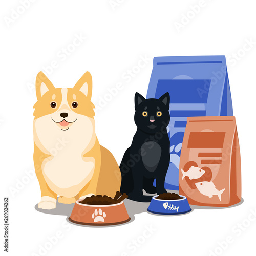 Pet food vector. Illustration of cartoon happy dog and cat sitting with full bowl of dry food and food packages.