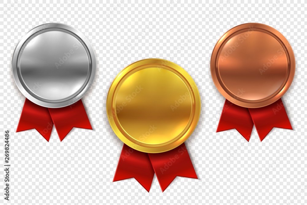 Empty medals. Blank round gold silver and bronze medal with red ribbons isolated vector set Empty medals. Blank round gold silver and bronze medal with red ribbons isolated vector set