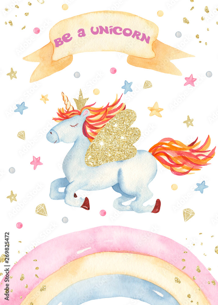 Fototapeta premium Watercolor card with cute kids cartoon unicorn. Great for baby shower, birthday, greeting cards, invitations, children's rooms.