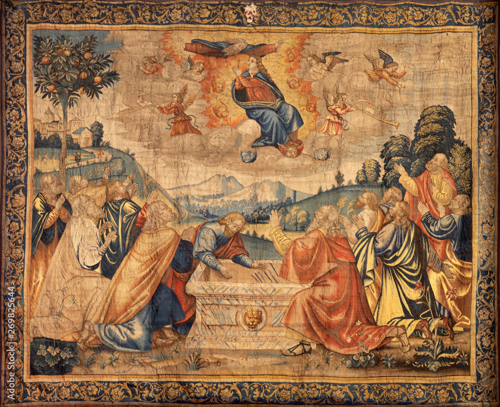 COMO, ITALY - MAY 8, 2015: The tapestry of Assumption of Virin Mary in The Cathedral (Duomo di Conmo) from 16. cent.