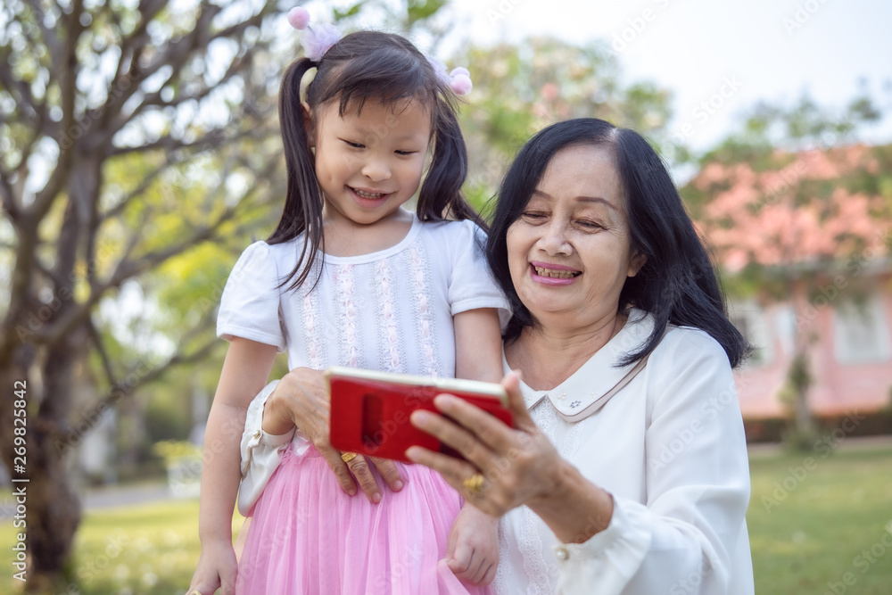 asian two grandmother and grandchildren relaxing in the garden with smartphone on holding hand asian two grandmother and grandchildren relaxing in the garden with smartphone on holding hand