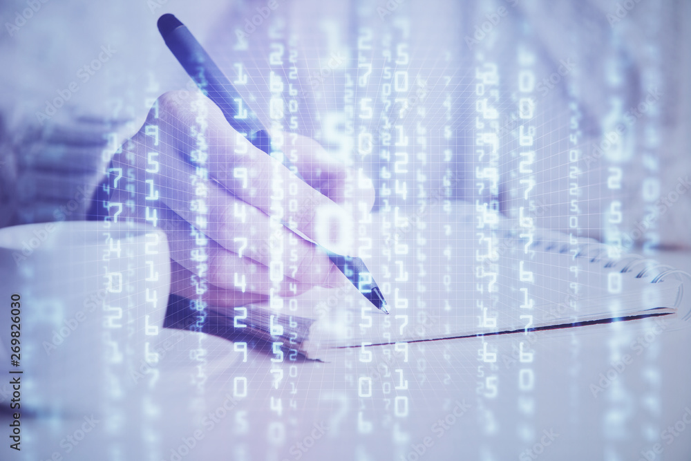 Fototapeta premium Double exposure of writing hands on background with data solution hologram on front. Technology concept. Close up