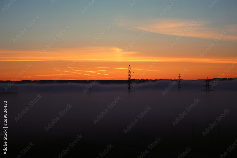 Summer misty sunrise in the morning, masts
