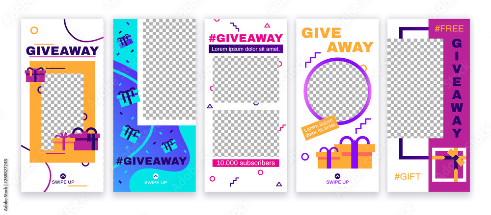 Stories giveaway post. Give away gifts, prize draw social media and gift photo frame story template vector set