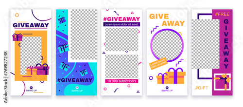 Stories giveaway post. Give away gifts, prize draw social media and gift photo frame story template vector set