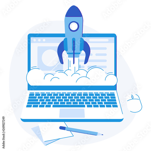 Laptop startup. Web creative strategy success launch rocket logo, business solutions flat vector illustration