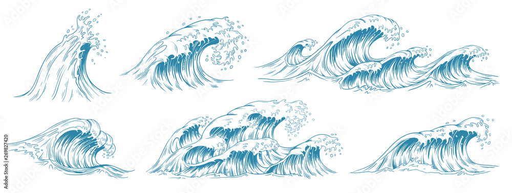 Plakat Szkic fale morskie. Burza fala, fala przypływ i ocean burz plażowych ręcznie rysowane wektor zestaw ilustracji