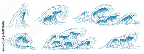 Fototapeta Szkic fale morskie. Burza fala, fala przypływ i ocean burz plażowych ręcznie rysowane wektor zestaw ilustracji