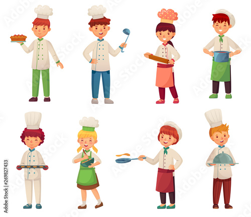 Cartoon cooking children. Little chef cooks food, kid cook and gourmet childrens kitchen chefs vector illustration set