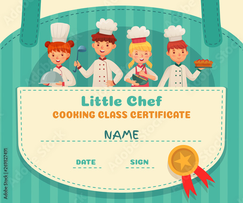 Little chef certificate. Cooking class chefs diploma, cooking food school lesson and kids cooks frame cartoon vector illustration