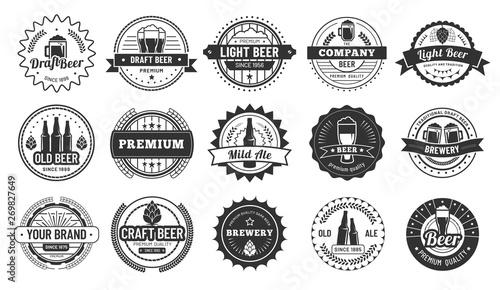 Beer badges. Beers pub, lager bottle and hipster craft beer badge isolated vector illustration set