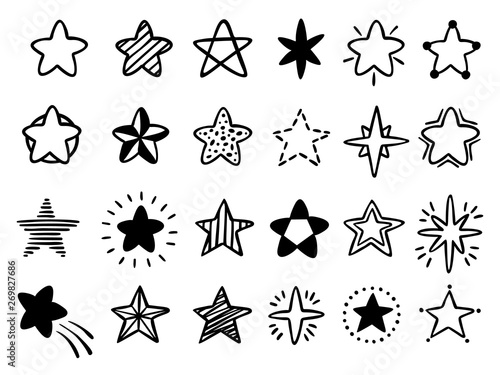 Hand drawn stars. Doodle drawing star, starry sketch and favorites star icon isolated vector illustration set